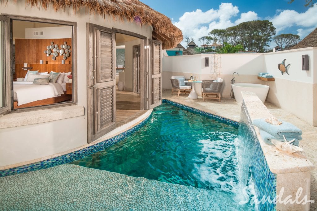 This beautiful Sandals Resort has the best deal for your vacation, a rondoval suite with a private swim-up pool