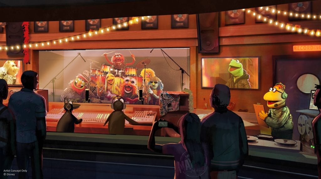 Pre-show scene for Rock N Roller Coaster Muppets with a Scooter animatronic and several other Muppets seen