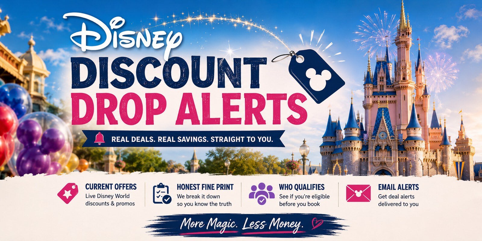 Disney Discount Drop Alerts from Pixie Vacations — verified Disney World deals, honest fine print, and email alerts, with Cinderella Castle and fireworks